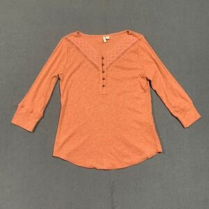 Cato Women's Size Small Lace Trimmed Henley Thermal 3/4 Sleeve Shirt Orange Fall